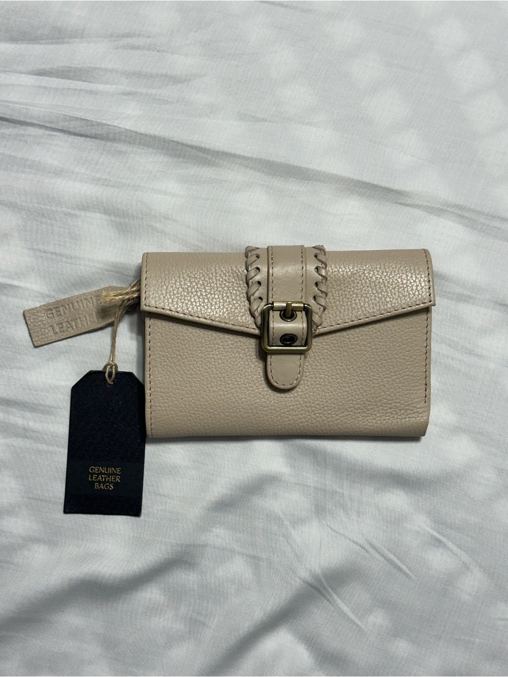 Genuine Leather Beige Women's Wallet with Buckle Detail